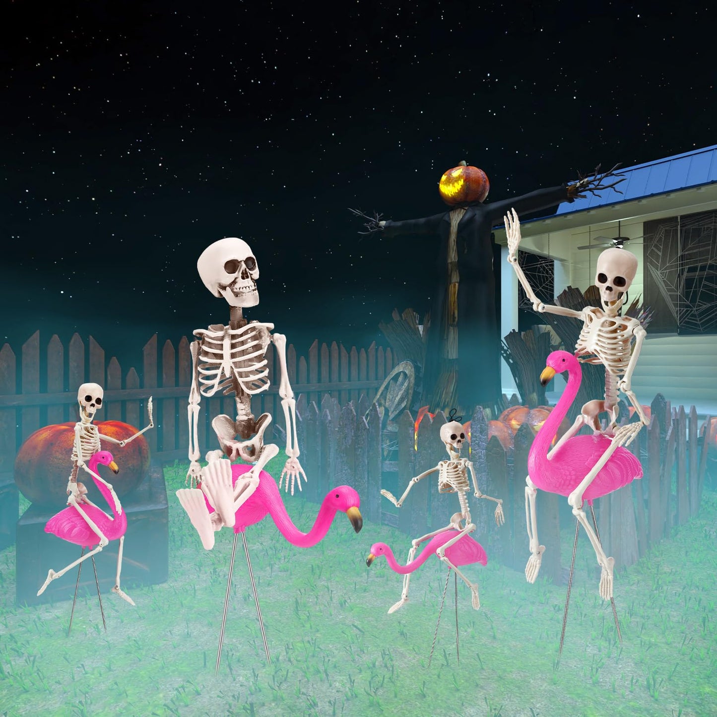 Simgoing 8 Pcs Halloween Skeleton Flamingo Decoration Outdoor Yard Ornament 15.7" Plastic Skeleton Decor with Posable Legs Flamingo Statue Decor for Yard Garden Lawn(Pink,M,Classic)