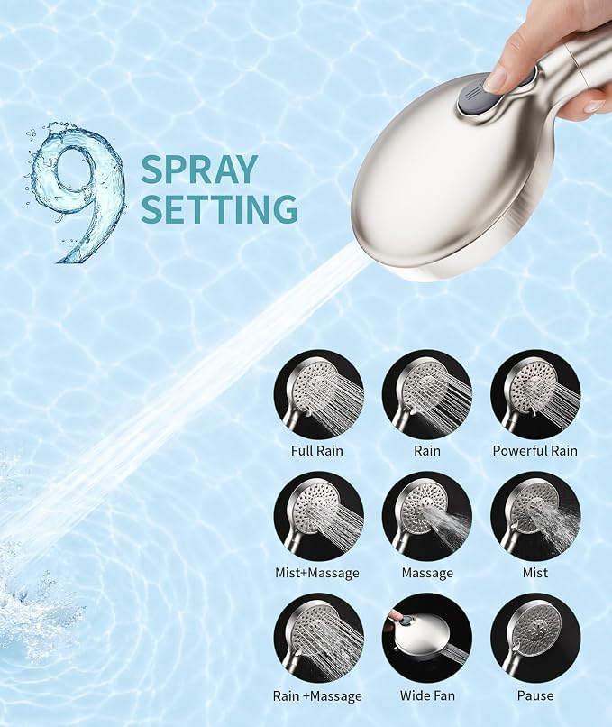 SR SUN RISE Filtered Shower Head with Handheld High Pressure 9 Spray Mode Showerhead Detachable Shower Head Water Softener Filters Beads for Hard Water Remove Chlorine 4 Filters Brushed Nickel