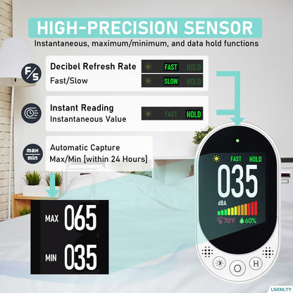 LSENLTY Decibel Meter Plug-in Wall, 30-130dBA Sound Level Meter, Data Hold&Max/Min&Fast/Slow Response 3-in-1 Noise Detector(TEM&Humidity), A-Weighted Noise Measuring Device for Classroom Home Library