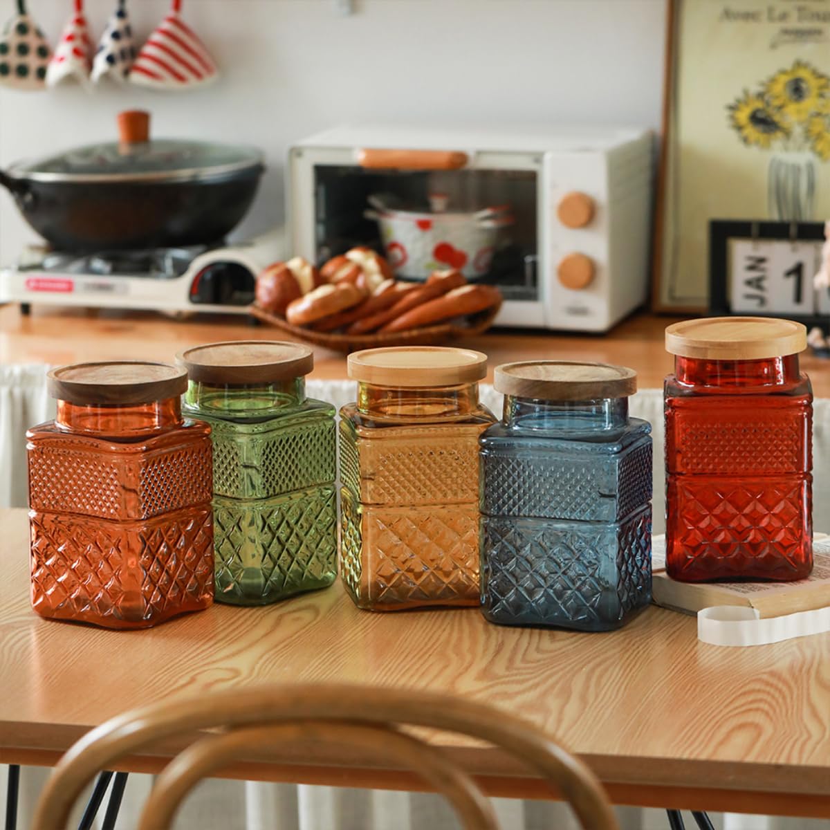 ANSQU Square Glass Canister, 61oz Candy Jar with Lid, Glass Food Storage Containers for Ground Coffee, Tea, Sugar, Decorative Mason Jar Cookie Jars (Amber)