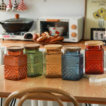 ANSQU Square Glass Canister, 61oz Candy Jar with Lid, Glass Food Storage Containers for Ground Coffee, Tea, Sugar, Decorative Mason Jar Cookie Jars (Amber)