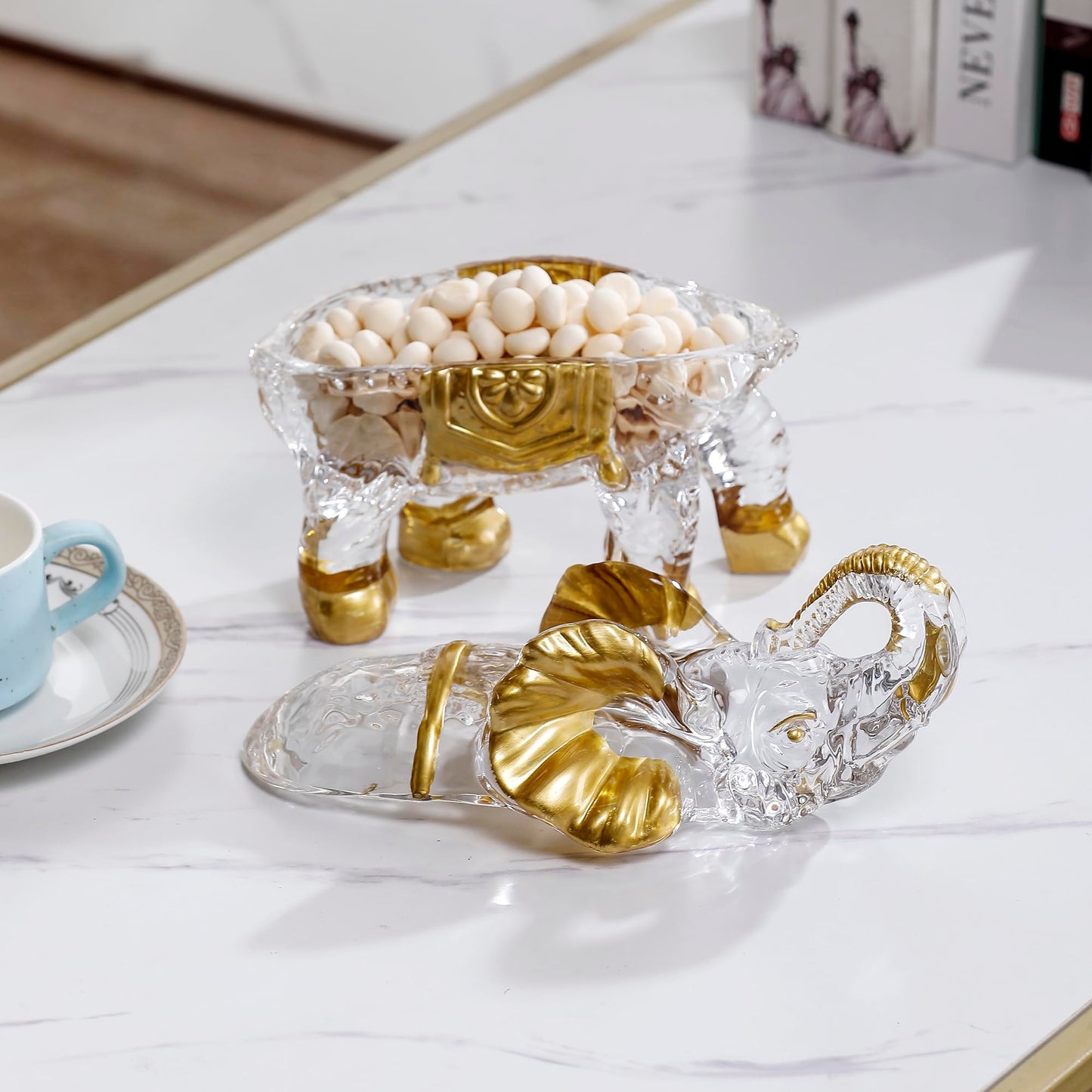 Hand Painted Gold Large Crystal Elephant Candy Jars with Lid, Glass Elephants Candy Dishes Gifts for Elephant Lovers, Sparkling Art Animals Collectible Decoration for Home Table Centerpiece.