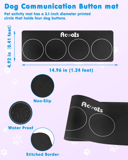 Acools Dog Buttons for Communication, 4 Dog Talking Button Set, Speaking Buttons for Cats and Dogs, 30s Voice Recordable Pet Training Buzzer with Waterproof Dog Activity Mat and 48 Scene Stickers