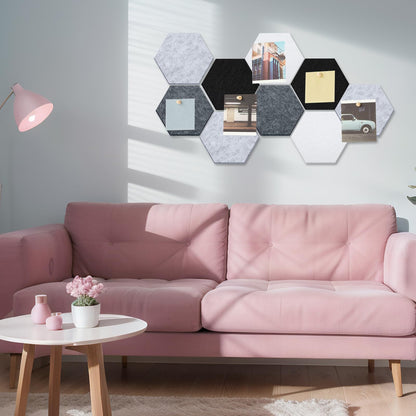 Mindsoft 16 Pcs Hexagon Cork Board for Walls with 50 Wooden Push Pins 6.7 x 5.9 in Felt DIY Tiles Notice with Nano Tape Hanging Bulletin Board for Home Photo Office Memo Note(Grey)