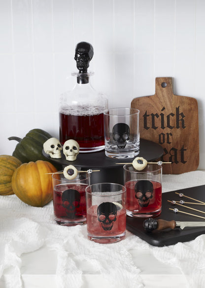 Oneida Barware, 5-Piece Skeleton Whiskey Set, 4 Drinking Glasses & 1 Decanter, Dishwasher Safe, Halloween Decor Indoor, Halloween Table Decorations for Party, Skeleton Themed (4 Glasses, 1 Decanter)