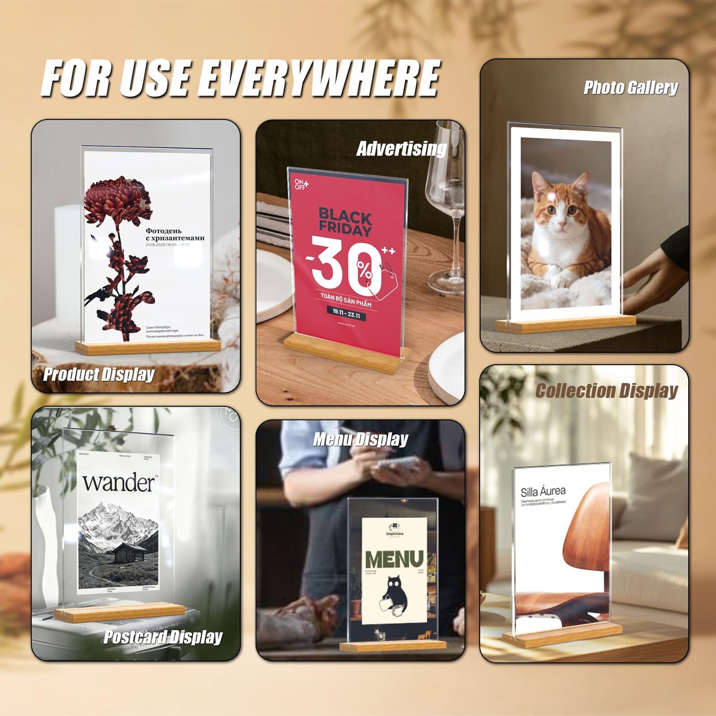 obivioo 5×7 inch acrylic sign holder with polished and waxed wood base, Easy set table top display stand for QR code/paper/photo(6pack)