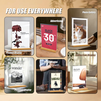 obivioo 5×7 inch acrylic sign holder with polished and waxed wood base, Easy set table top display stand for QR code/paper/photo(6pack)