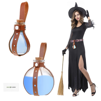 Eco-Fused Cosplay Potion Bottle 2x (Big/Small) - Clear Spherical, Wizard, Costume Accessory - Incl. Cork Stopper, Brown Faux Leather Sleeve Holder, Belt Loop
