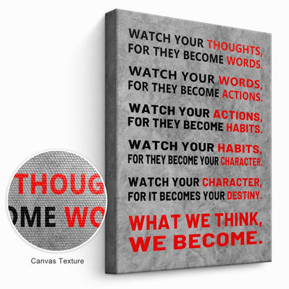 YSPCSUN Inspirational Posters for Office Watch Your Thoughts Quote, Gray Red Canvas Wall Decor for Home Office Dorm Classroom, Single Panel Framed Canvas Poster, 24x18 Inch