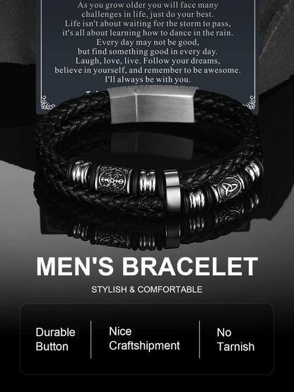 ChainsPro Leather Bracelet Gifts for Men,Black Braided Bracelets Stainless Steel Celtic & Compass Bracelets Leather,Ideas Jewelry Gifts for Anniversary Christmas Father's Day Birthday Valentines Engraved with To My Son 8.26 inches