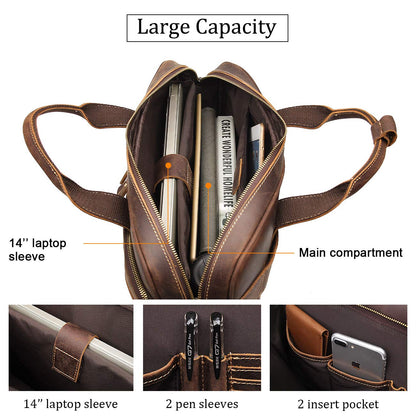 Augus Leather Briefcase for Men16 inch Laptop Bag Genuine Full-Grain Leather Messenger Shoulder Bag YKK Zipper Work Travel Brown