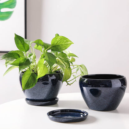 vicrays Ceramic Plant Pots Indoor - 6.5 Inch Planter Pot with Drainage Hole and Saucer for Succulent Orchid Flower Herbs Cactus - Ideal for Gardening Home Desktop Office Decor - Blue