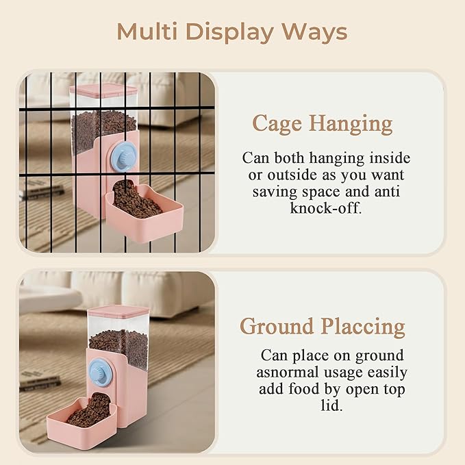 Auto Gravity Food Dispenser for Cage Hanging, 41OZ Capacity Hanging Automatic Pet Cage Feeder, Food Bowl for Cats Dogs Rabbit Ferret Chinchilla Bird Hedgehog Guinea Pig (Pink)