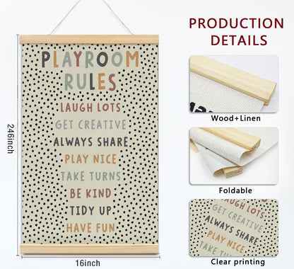 Playroom Kids Tollder Room Wall Decor, Play Room Rules Wall Decor for Kids Play Game Room Bedroom Nursery Home School Playroom Essentials, Canvas Hanging Banner Wood Poster Frameds,16x24 Inch