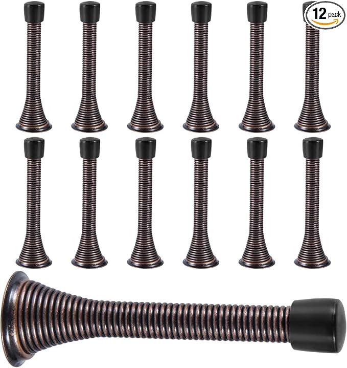 KISEER 12 Pack Spring Door Stops 3 1/4 Inch Flexible Heavy Duty Spring Door Stopper with RustProof Screw Rubber Bumper Tips (Antique Brass)