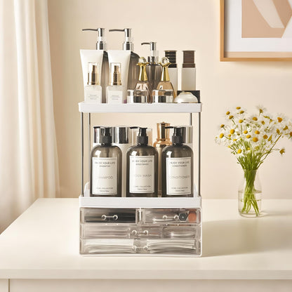Brothersbox Bathroom Organizers and Storage, 5-Tier 4-Drawer Makeup Organizer Countertop, Multi-Purpose Large Makeup Vanity Organizer, Hair Product, Perfume & Skincare Storage, White