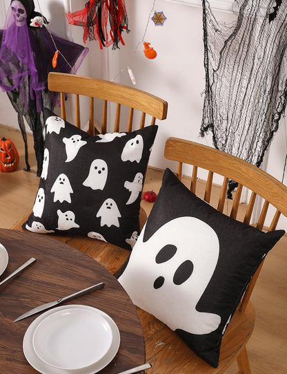 multiwins Halloween Decorations Set of 4 Double-Sided Print Ghost Pillow Covers 18" x 18", with 8 Cute Halloween Decor Patterns, Soft Linen Throw Pillow Covers for Outdoor & Indoor Use