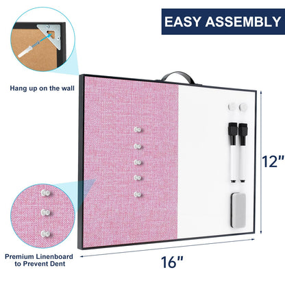 Small White Board Cork-Board Combo - 16 X 12 inches Pink Linen Board & Magnetic Dry Erase Board for Wall, Mini Bulletin Cork Board with Holder for Office, Home and School