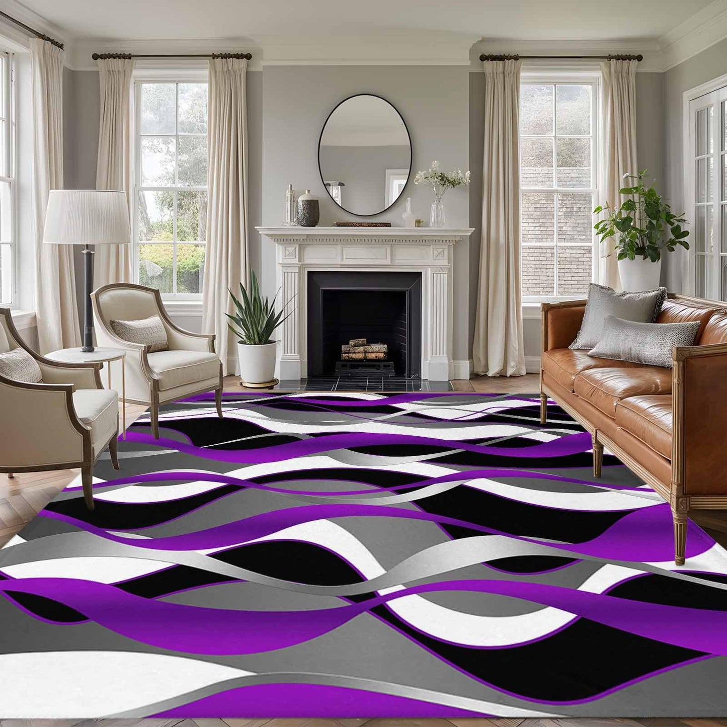 8'x10' Area Rug for Living Room, Purple Black Grey Moire Washable Non-Slip Large Carpet for Bedroom Dining Room, Abstract Modern Geometric Lines StainResistant & Non-Shedding Accent Rug for Kitchen