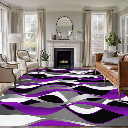 8'x10' Area Rug for Living Room, Purple Black Grey Moire Washable Non-Slip Large Carpet for Bedroom Dining Room, Abstract Modern Geometric Lines StainResistant & Non-Shedding Accent Rug for Kitchen