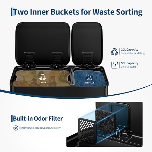 Dual Kitchen Trash Can 13.2 + 5.2 Gal (50+20L) Stainless Steel Trash Cans with Soft Close Lid Large Double Garbage and Recycling Bin with 2 Removable Inner Buckets Step-on Metal Garbage Cans Silver
