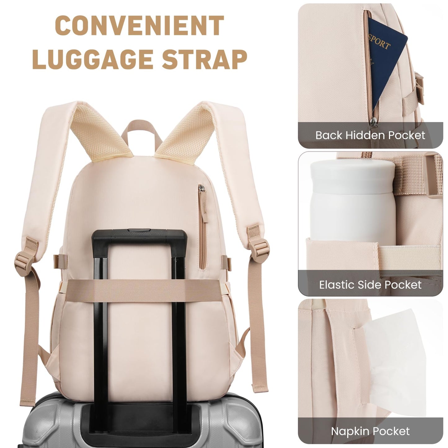 WINDARS Backpack for School Girls, Cute High School Backpacks for Teens Women Student Large Bookbag 15.6 Inch Laptop Bag with USB Charger Port for College Work Travel Trip (Khaki Beige)