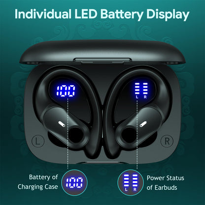 Active Noise Cancelling Earbuds Wireless Bluetooth Headphones 80H Playtime LED Power Display Charging Case Over Ear Hooks Ear Buds with Hi-Res Sound & Clear Calls for Sports Running Gym Workout Black