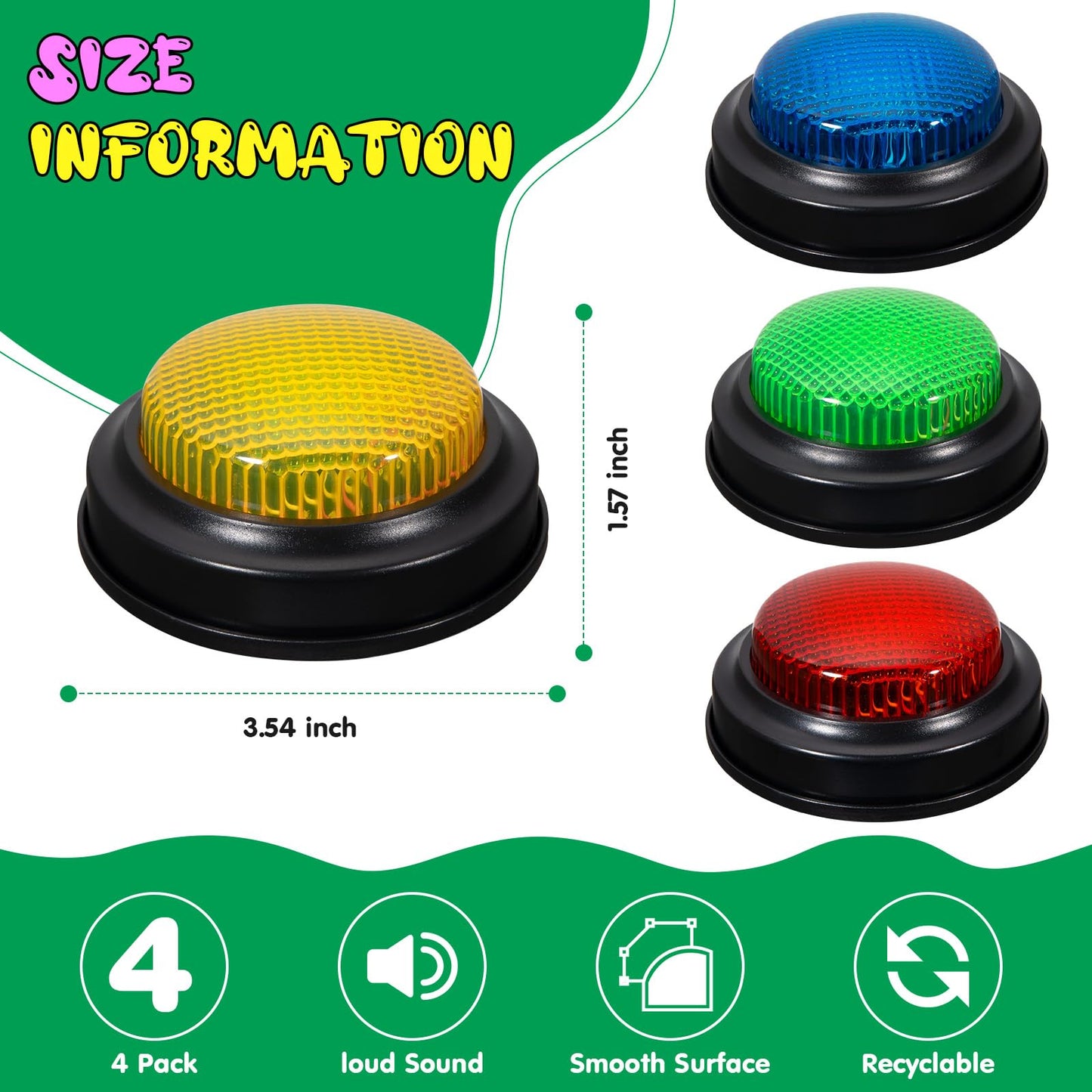 YTZRLO Set of 4 Trivia Game Buzzers with Lights & Sound, Family Feud & Jeopardy Quiz Buttons for Classroom, Party Games, Red/Blue/Yellow/Green