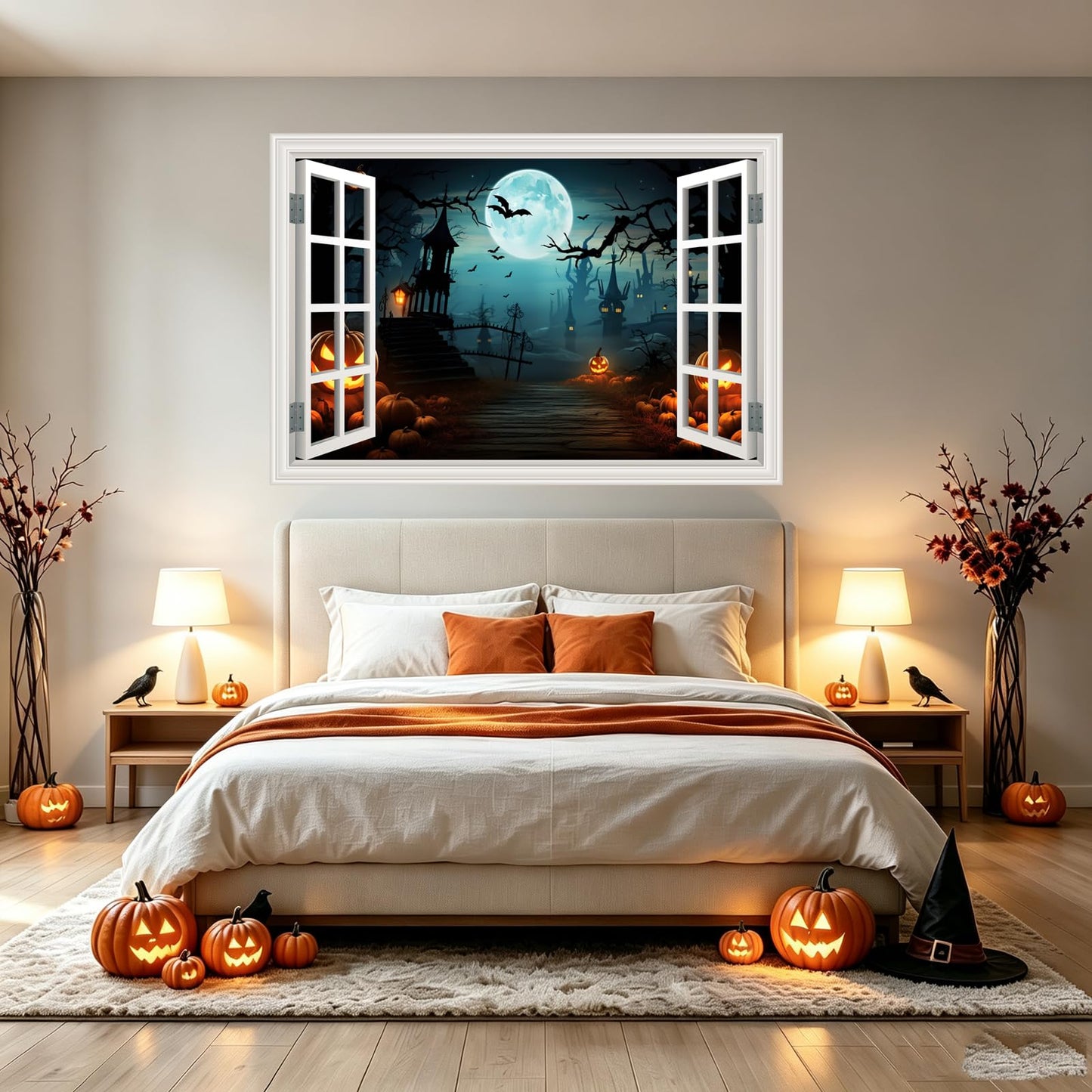 Fake Window Wall Decals Halloween Pumpkin Castle Bat Night View Terror Mural Faux Window Sticker Poster Open Wall Art Picture， for Room Office Decor Stick and Peel Natural Scenery Scene 16“x24”