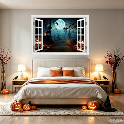 Fake Window Wall Decals Halloween Pumpkin Castle Bat Night View Terror Mural Faux Window Sticker Poster Open Wall Art Picture， for Room Office Decor Stick and Peel Natural Scenery Scene 16“x24”