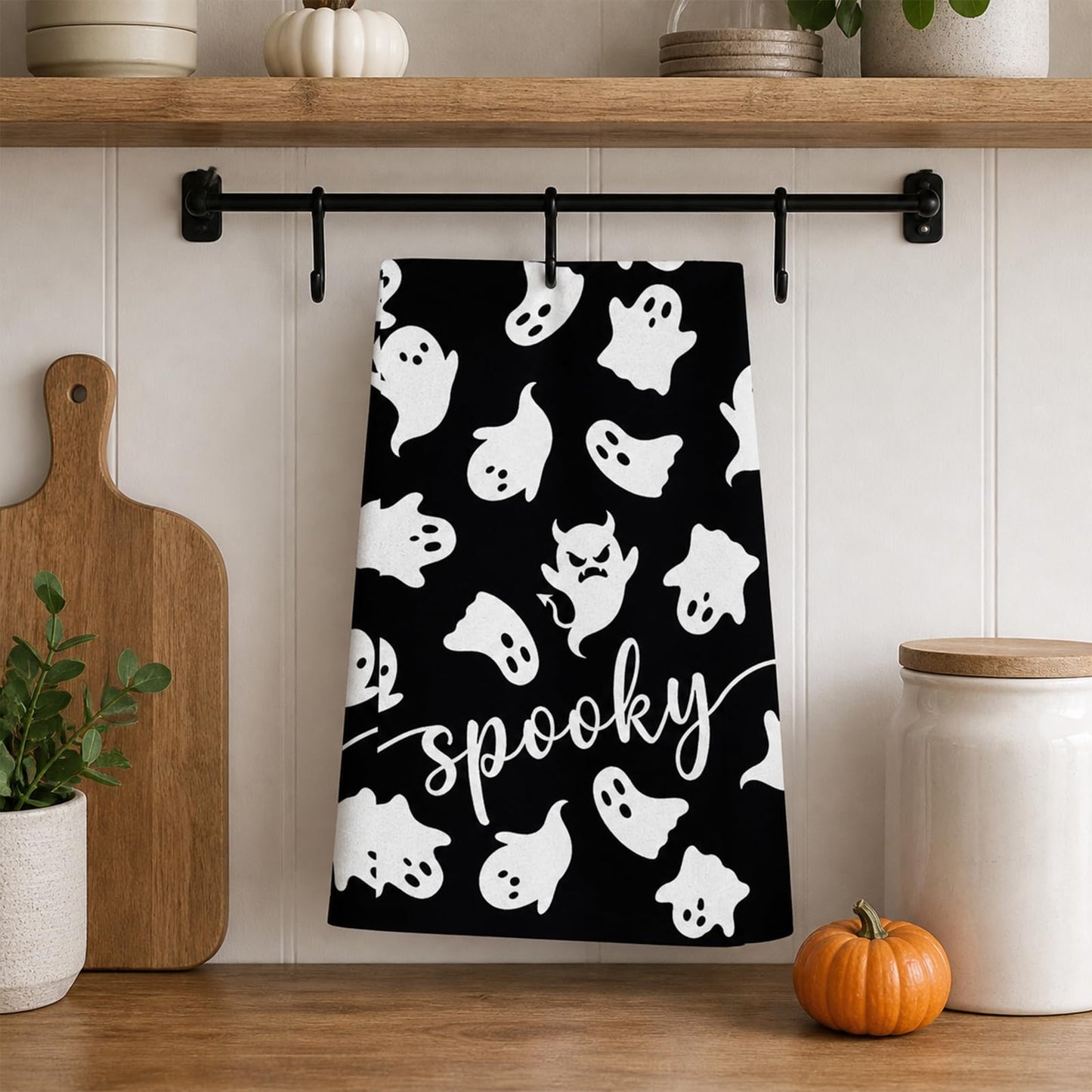 Juynyyn Black Ghost Spooky Halloween Kitchen Towels Dish Towels, 18x26 Inch Boo Decoration Hand Towels Set of 2