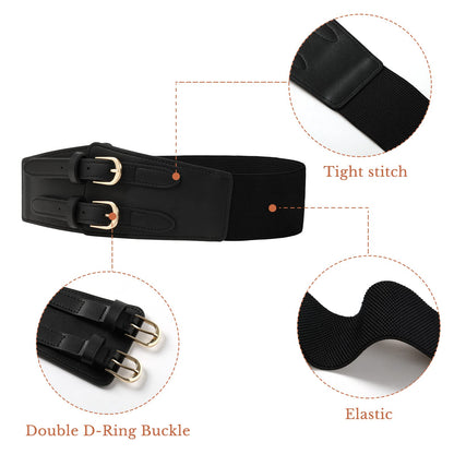 AWAYTR Double Buckle Women's Elastic Belt - Ladies Stretchy Wide Waist Leather Belts for Dresses Jeans(Black 31-33.5")
