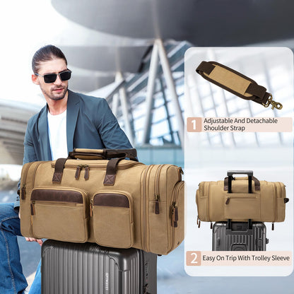 Mens Duffle Bag for Travel 60L Expandable Canvas Weekender Overnight Travel Duffel Bag with Shoe Compartment Carry-On for Airplanes Khaki