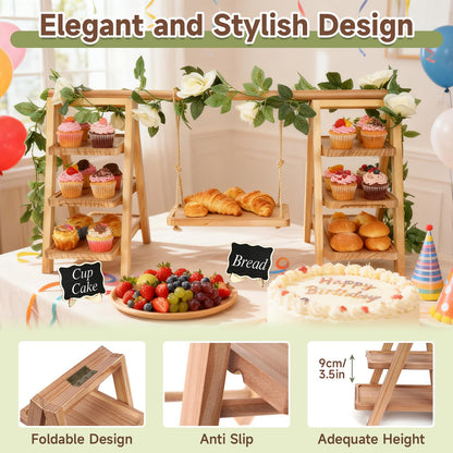 Erlsig Wooden 3 Tier Cupcake Stand with Swing, Rustic Pine Wood Dessert Display Stand with Removable Trays, Foldable A-Frame Ladder Rack for Cake Fruit Snack, Perfect for Wedding Party Birthday