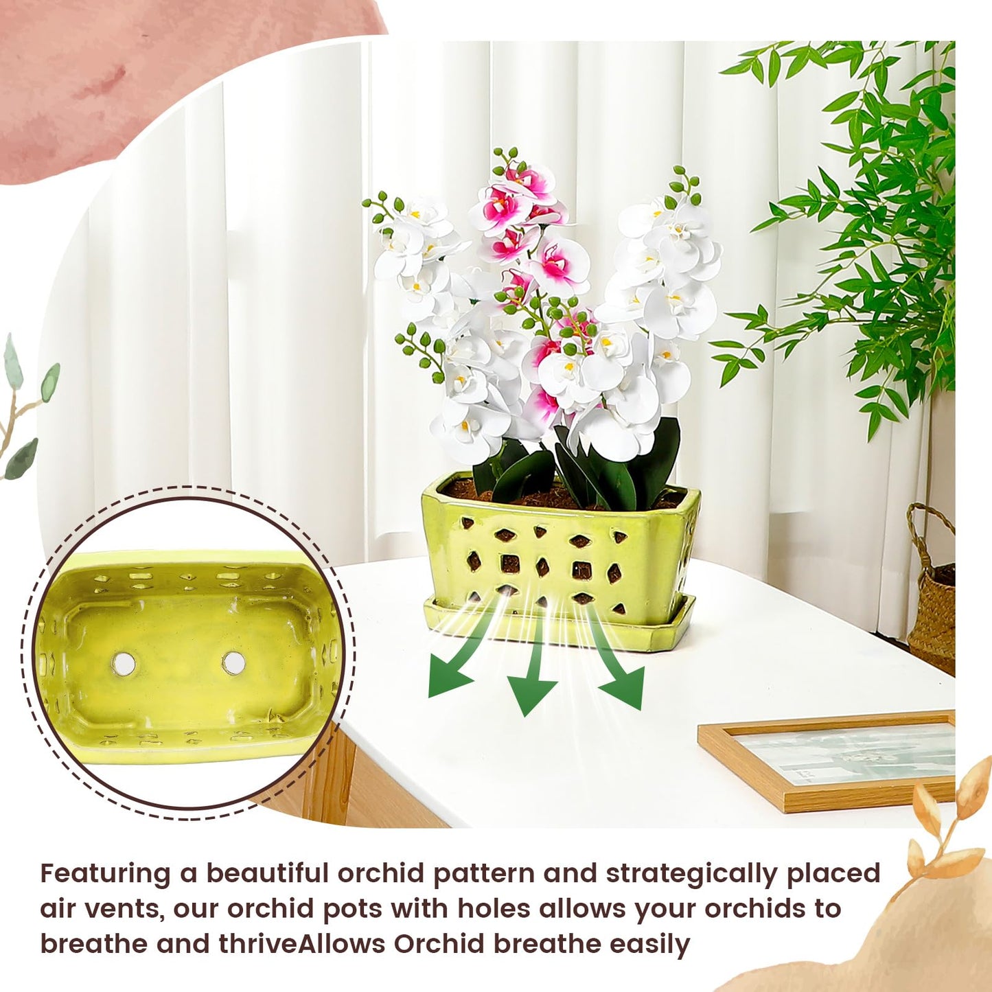 Teenyyou 1 Set Orchid Pot with Holes 9.5 Inch Ceramic Orchid Pot with Saucers for Repotting Amaryllis Flower Planter Include Gardening Shovel Set and Gloves for Home Decor(Yellow)