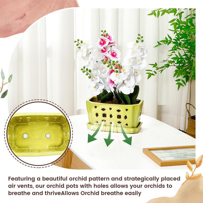 Teenyyou 1 Set Orchid Pot with Holes 9.5 Inch Ceramic Orchid Pot with Saucers for Repotting Amaryllis Flower Planter Include Gardening Shovel Set and Gloves for Home Decor(Yellow)