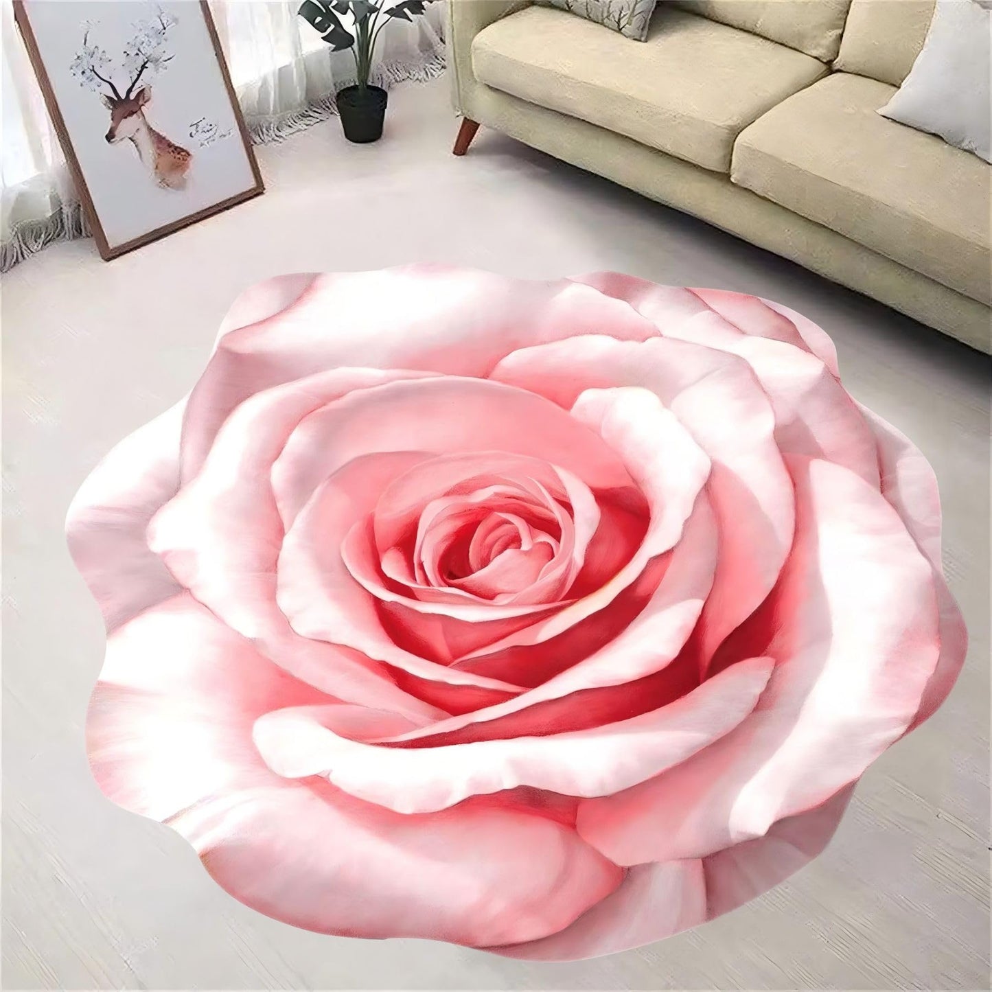 Pink Flower Shaped Rug 4ft Pink Rose Carpet Living Room Decor Area Rug,Girls Room Decor Suitable for Bathroom, Bedroom | Non-Slip Backing Easy to Clean