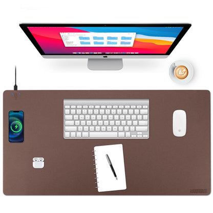 Wireless Charging Desk Mat with Desk Pad for Desktop Charging Large Mouse Pad Waterproof Leather Computer Mat Mouse Pad Non-Slip Protector on Top of Desks for Keyboard and Mouse (brown-l, 32*16inch)