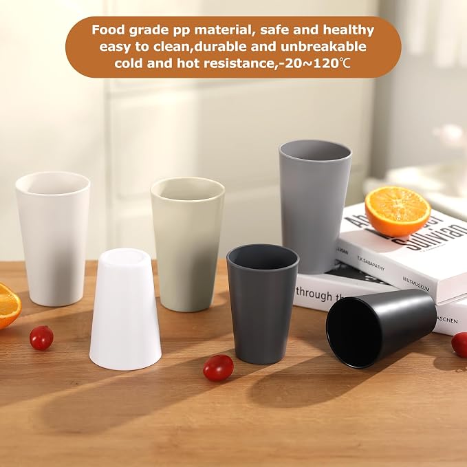24 Pcs Unbreakable Plastic Cups Set, 14 oz Reusable Plastic Cups, Stackable Water Tumblers, Drinking Cup for Kitchen, Outdoor, BPA-free, Dishwasher Refrigerator and Microwave Safe (14 oz, 6 Colors)