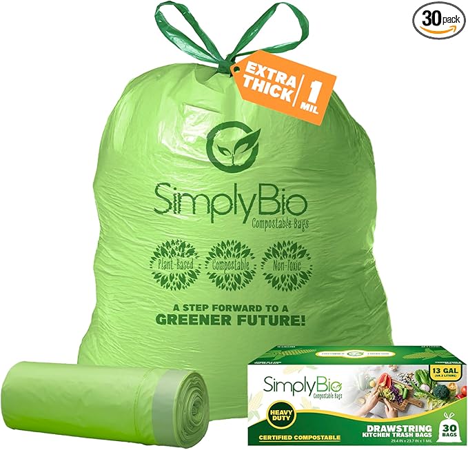 Simply Bio 13 Gallon Compostable Trash Bags Liners Drawstring, Heavy Duty Extra