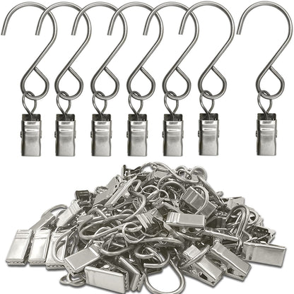 AMZSEVEN Stainless Steel S Hooks Curtain Clips, 50 Pack Hanging Party Lights Clips, Hangers Gutter Photo, Art Craft Display, 3 Inch Long, Silver