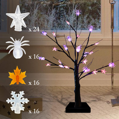 HipTree Halloween & Seasonal Decor Combo: 28 Inch Lighted Skeleton Wreath with Autumn Leaves + 2-Pack 2ft Lighted Black Birch Trees, LED Fairy Lights for Indoor/Front Door/Tabletop Holiday Ambiance