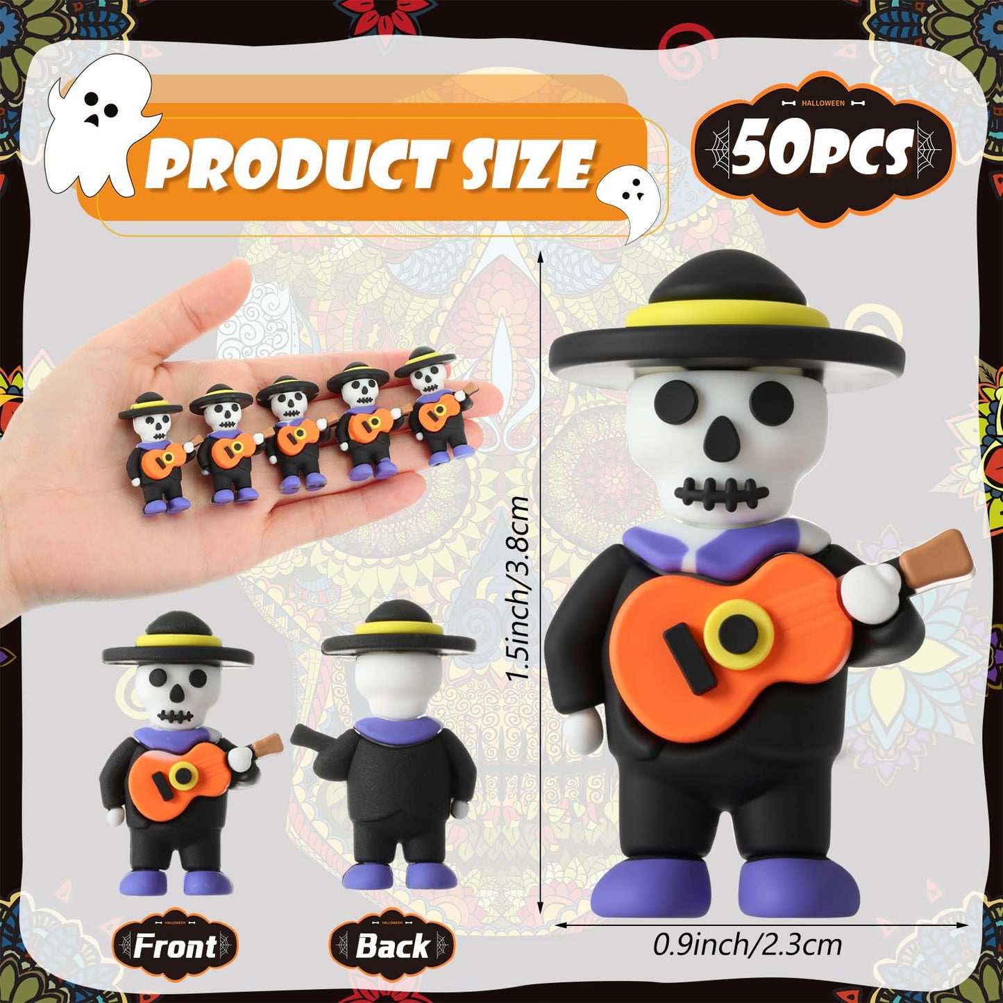 VioraWhite 50 Pcs Halloween Day of The Dead Mini Figurines Little Día De Muertos Figures Mariachi Band Mini Skeleton Skull Statue for Hide and Seek Props Window Desk Kitchen Decorations Party Gifts