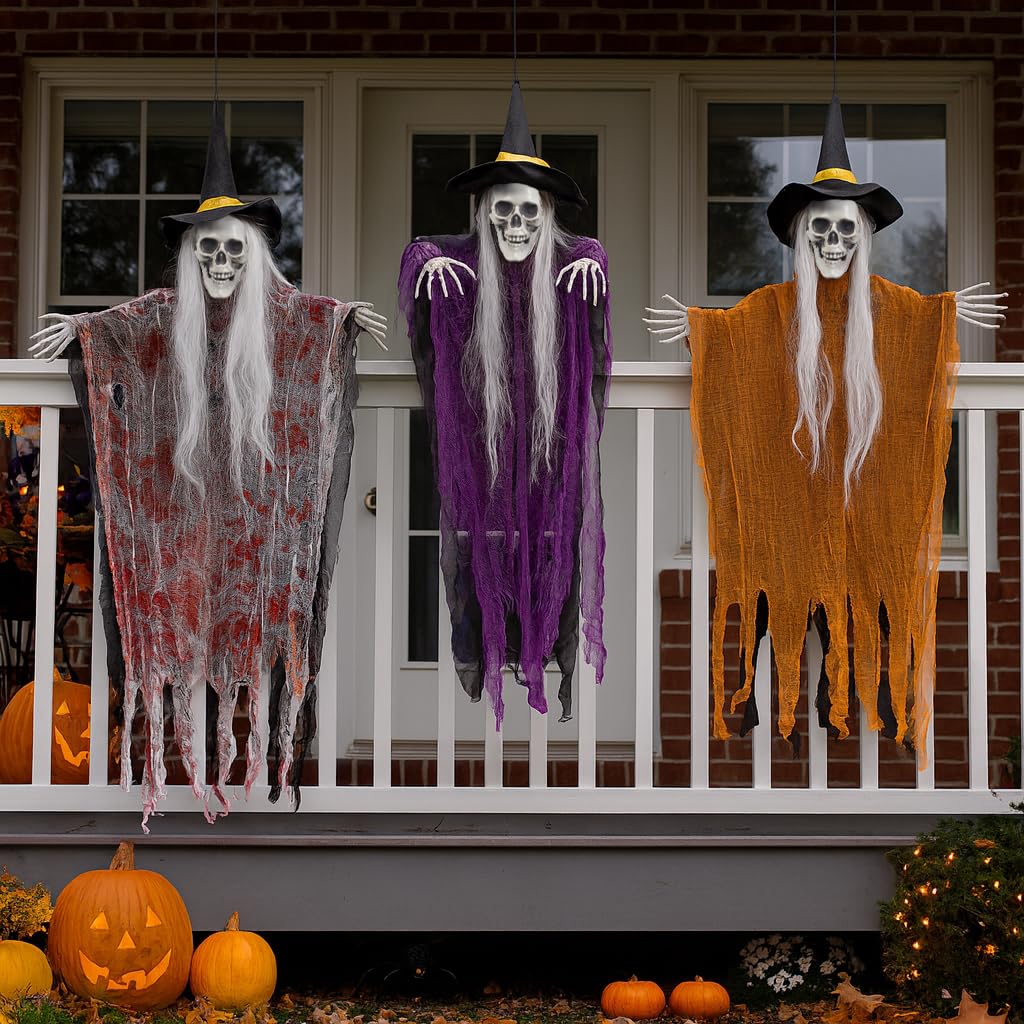 3 PCS Halloween Hanging Skeleton Decorations,35" Scary Halloween Skull Skeletons Outdoor for Yard,Haunted House,Home or Ceiling Ghost Hanging Decor