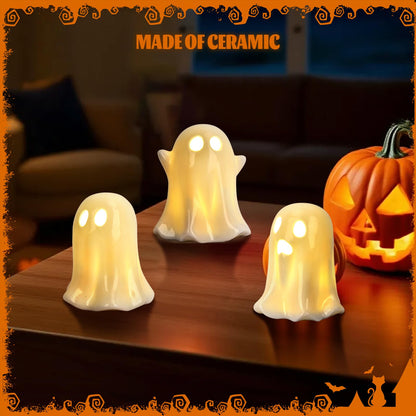 Ghost Halloween Decor - 3Pcs Ceramic Halloween Ghost Decorations Indoor, Light Up Glazed White Ghost Figurines Cute Ceramic Ghost Sculpture for Halloween Night Light Table Tray Decor