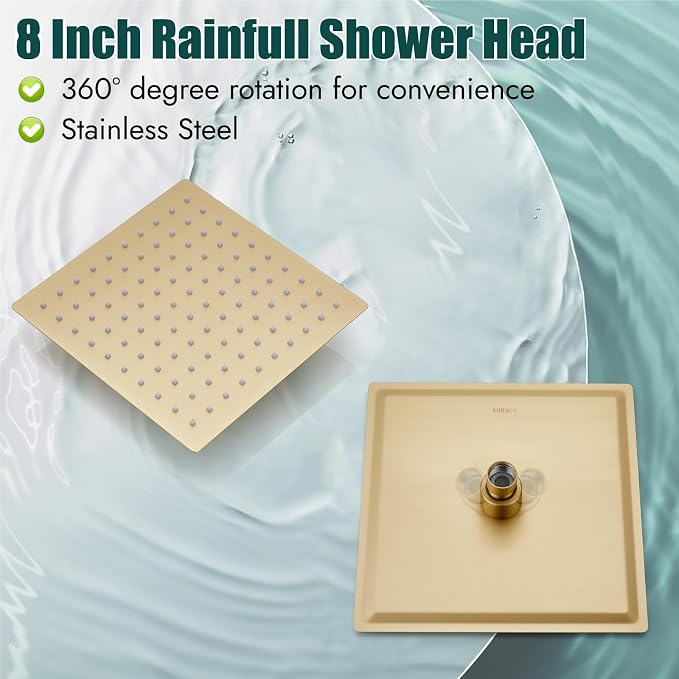 Heyalan Shower Faucet Set with Valve, Bathroom Rainfall Shower System, Wall Mount Single Handle Shower Trim Kit, Rainfall Fixed Shower Head, 8 Inch Square Shower Head,Brushed Gold