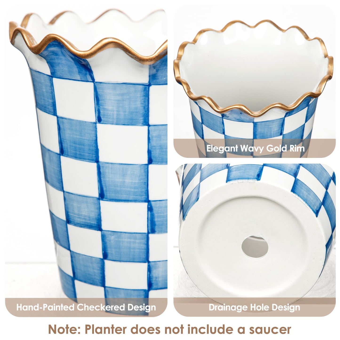 Briful Ceramic Planter with Drainage Hole, 5.9in Blue and White Checkered Flower Pot for Indoor Plants, Modern Decorative Plant Pot for Succulents, Orchids & Herbs, Home Office Decor