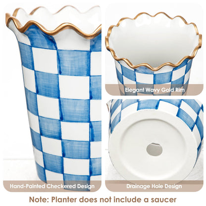 Briful Ceramic Planter with Drainage Hole, 5.9in Blue and White Checkered Flower Pot for Indoor Plants, Modern Decorative Plant Pot for Succulents, Orchids & Herbs, Home Office Decor