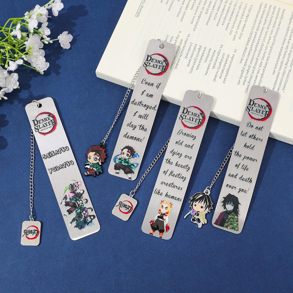 Demon Kamado Bookmark Page Mark, Anime Tanjiron Zenitsu Giyuu Kyoujurou Figure Hollowed-Out Metal Book Mark Reading Tool, Stationery Gifts for Reading Lovers Bookworm (4pcs)