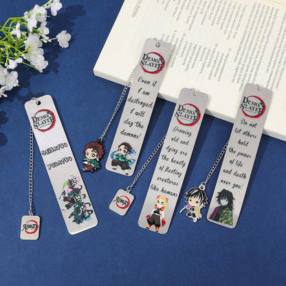 Demon Kamado Bookmark Page Mark, Anime Tanjiron Zenitsu Giyuu Kyoujurou Figure Hollowed-Out Metal Book Mark Reading Tool, Stationery Gifts for Reading Lovers Bookworm (4pcs)